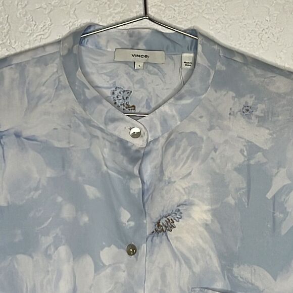 NWT Vince Painted Magnolia Band Collar Blouse -POWDER BLUE Satin Large - Picture 4 of 13